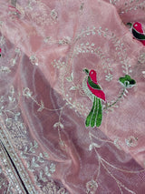 Pastel Baby Pink Color Tissue Net Dupatta with Sliver Zari | Parrot Motifs | Pink Color Dupatta | Dupatta for Gifts