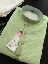 Pista Green Men’s Kurta Pajama in Raw Silk with Self Design | Wedding & Festival Wear | Gift for Him