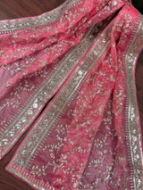 Rose Pink Color Organza Dupatta with Embroidery, Sequin and Zari | Muted Gold Zari Dupatta