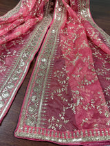 Rose Pink Color Organza Dupatta with Embroidery, Sequin and Zari | Muted Gold Zari Dupatta