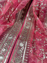 Rose Pink Color Organza Dupatta with Embroidery, Sequin and Zari | Muted Gold Zari Dupatta