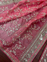 Rose Pink Color Organza Dupatta with Embroidery, Sequin and Zari | Muted Gold Zari Dupatta