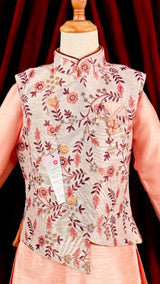 Boys Kurta Pajama with Jacket in Peach Color | Emberiodered Jacket | Fancy Party and Wedding Wear for Boys