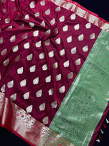 Statement Wine Color Banarasi Semi Katan Silk Saree with Meenakari and Gold Zari Weave