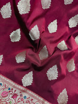 Statement Wine Color Banarasi Semi Katan Silk Saree with Meenakari and Gold Zari Weave