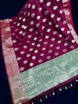 Statement Wine Color Banarasi Semi Katan Silk Saree with Meenakari and Gold Zari Weave