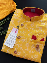 Yellow and Red Boys 3pcs Kurta Pajama with Jacket in Floral Pattern | Kids Wear | Boys Ethnic Wear | Boys Kurta Pajama