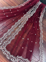 Maroon Color Soft Net Dupatta with Muted Gold Zari and Artifical Mirror | Dupatta for Lehanga | Wedding Dupatta | Dupatta for Suit
