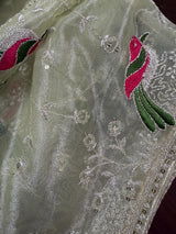 Pastel Pista Green Color Tissue Net Dupatta with Sliver Zari | Parrot Motifs | Blue Color Dupatta | Dupatta for Gifts