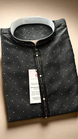 Party Wear Designer Men Kurta Set in Black Color with tiny Gold Zari Weave and Embossed Self Design in Soft Raw Silk with Cotton Lining