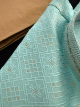 Designers Sea Blue Kurta with Embossed Zari and Self Design Pattern | Kurta with Cotton Lining | Mens Ethnic Wedding Wear