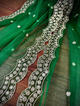 Green Color Soft Net Dupatta with Muted Gold Zari and Artifical Mirror | Dupatta for Lehanga | Wedding Dupatta | Dupatta for Suit