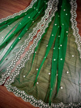 Green Color Soft Net Dupatta with Muted Gold Zari and Artifical Mirror | Dupatta for Lehanga | Wedding Dupatta | Dupatta for Suit