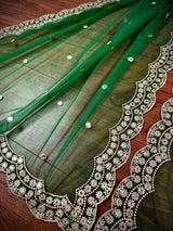 Green Color Soft Net Dupatta with Muted Gold Zari and Artifical Mirror | Dupatta for Lehanga | Wedding Dupatta | Dupatta for Suit
