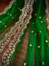 Green Color Soft Net Dupatta with Muted Gold Zari and Artifical Mirror | Dupatta for Lehanga | Wedding Dupatta | Dupatta for Suit