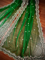 Green Color Soft Net Dupatta with Muted Gold Zari and Artifical Mirror | Dupatta for Lehanga | Wedding Dupatta | Dupatta for Suit