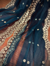 Dark Teal Color Soft Net Dupatta with Muted Gold Zari and Artifical Mirror | Dupatta for Lehanga | Wedding Dupatta | Dupatta for Suit