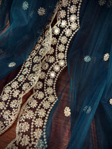 Dark Teal Color Soft Net Dupatta with Muted Gold Zari and Artifical Mirror | Dupatta for Lehanga | Wedding Dupatta | Dupatta for Suit