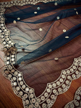 Dark Teal Color Soft Net Dupatta with Muted Gold Zari and Artifical Mirror | Dupatta for Lehanga | Wedding Dupatta | Dupatta for Suit