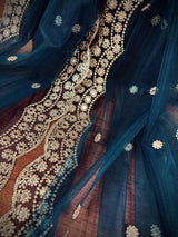 Dark Teal Color Soft Net Dupatta with Muted Gold Zari and Artifical Mirror | Dupatta for Lehanga | Wedding Dupatta | Dupatta for Suit