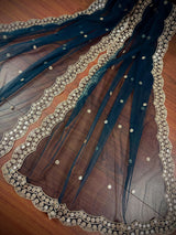 Dark Teal Color Soft Net Dupatta with Muted Gold Zari and Artifical Mirror | Dupatta for Lehanga | Wedding Dupatta | Dupatta for Suit