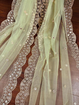 Pista Green Color Soft Net Dupatta with Muted Gold Zari and Artifical Mirror | Dupatta for Lehanga | Wedding Dupatta | Dupatta for Suit