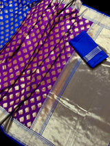 Purple and Blue Color Half n Half Traditional Banarasi Handloom Saree with Gold Zari Weave | Banarasi Silk Saree