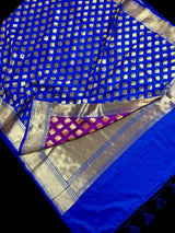 Purple and Blue Color Half n Half Traditional Banarasi Handloom Saree with Gold Zari Weave | Banarasi Silk Saree