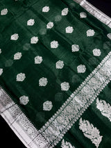 Bottle Green Color Bengal Linen Silk Handwoven Saree with Sliver Zari Weave | Bengal Linen Sarees | Handloom Sarees | Without Blouse Piece
