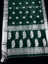 Bottle Green Color Bengal Linen Silk Handwoven Saree with Sliver Zari Weave | Bengal Linen Sarees | Handloom Sarees | Without Blouse Piece