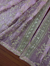 Statement Pastel Onion Lavender Color Organza Silk Dupatta with Muted Gold Zari, Embroidery and Sequin | Wedding Dupatta | Lehanga Dupatta