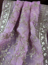 Statement Pastel Onion Lavender Color Organza Silk Dupatta with Muted Gold Zari, Embroidery and Sequin | Wedding Dupatta | Lehanga Dupatta