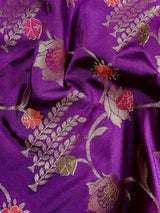 Statement Handmade Purple Color Banarasi Semi Katan Silk Saree with Meenakari and Muted Gold Zari Weave with Floral Jaal
