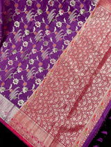 Statement Handmade Purple Color Banarasi Semi Katan Silk Saree with Meenakari and Muted Gold Zari Weave with Floral Jaal