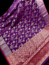 Statement Handmade Purple Color Banarasi Semi Katan Silk Saree with Meenakari and Muted Gold Zari Weave with Floral Jaal
