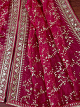 Statement Hot Pink Color Organza Silk Dupatta with Muted Gold Zari, Embroidery and Sequins | Wedding Dupattas | Lehangas Dupatta