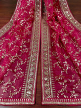 Statement Hot Pink Color Organza Silk Dupatta with Muted Gold Zari, Embroidery and Sequins | Wedding Dupattas | Lehangas Dupatta