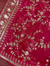 Statement Hot Pink Color Organza Silk Dupatta with Muted Gold Zari, Embroidery and Sequins | Wedding Dupattas | Lehangas Dupatta