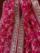 Statement Hot Pink Color Organza Silk Dupatta with Muted Gold Zari, Embroidery and Sequins | Wedding Dupattas | Lehangas Dupatta