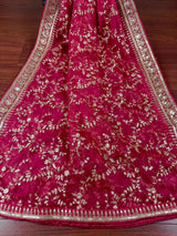 Statement Hot Pink Color Organza Silk Dupatta with Muted Gold Zari, Embroidery and Sequins | Wedding Dupattas | Lehangas Dupatta