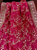 Statement Hot Pink Color Organza Silk Dupatta with Muted Gold Zari, Embroidery and Sequins | Wedding Dupattas | Lehangas Dupatta