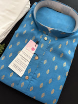 Deep Sky Blue Color Premium Pure Cotton Mens Kurta Pajama Set with small Self design Butti | Cotton Mens Kurtas