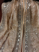 Statement Gold Beige Color Organza Silk Dupatta with Muted Gold Zari, Embroidery and Sequin | Wedding Dupatta | Lehanga Dupatta