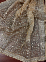 Statement Gold Beige Color Organza Silk Dupatta with Muted Gold Zari, Embroidery and Sequin | Wedding Dupatta | Dupatta for Lehangas