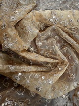 Statement Gold Beige Color Organza Silk Dupatta with Muted Gold Zari, Embroidery and Sequin | Wedding Dupatta | Dupatta for Lehangas