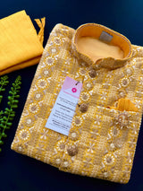 Mustard Yellow 3-Piece Kurta Pajama Set for Boys with Heavy Work Jacket | Indian Ethnic Outfit for Weddings & Festivals