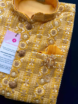 Mustard Yellow 3-Piece Kurta Pajama Set for Boys with Heavy Work Jacket | Indian Ethnic Outfit for Weddings & Festivals