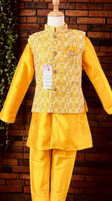 Mustard Yellow 3-Piece Kurta Pajama Set for Boys with Heavy Work Jacket | Indian Ethnic Outfit for Weddings & Festivals
