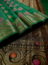 Handmade Green Color Banarasi Handloom Cotton Silk Saree with Antique Zari Weave and Meenakari Work with Banarasi Borders | No Blouse