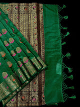 Handmade Green Color Banarasi Handloom Cotton Silk Saree with Antique Zari Weave and Meenakari Work with Banarasi Borders | No Blouse